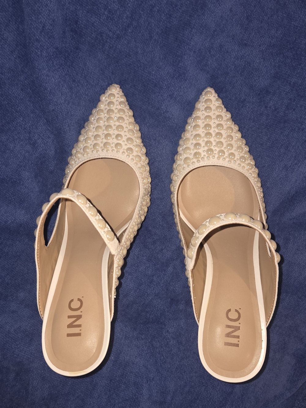 INC International Concepts Cream Pearl-Embellished Pointed Toe Shoes